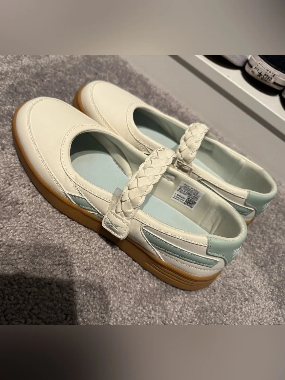 Reebok White Mary Jane Flats with Braided Strap and Gum Sole